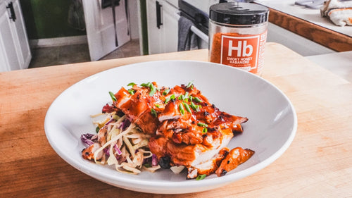 Smoky Honey Habanero BBQ Chicken Thighs with Peach Slaw