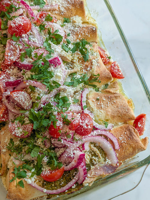 Prime Rib Smoked Chicken Enchiladas with Garlic Herb Salsa Verde
