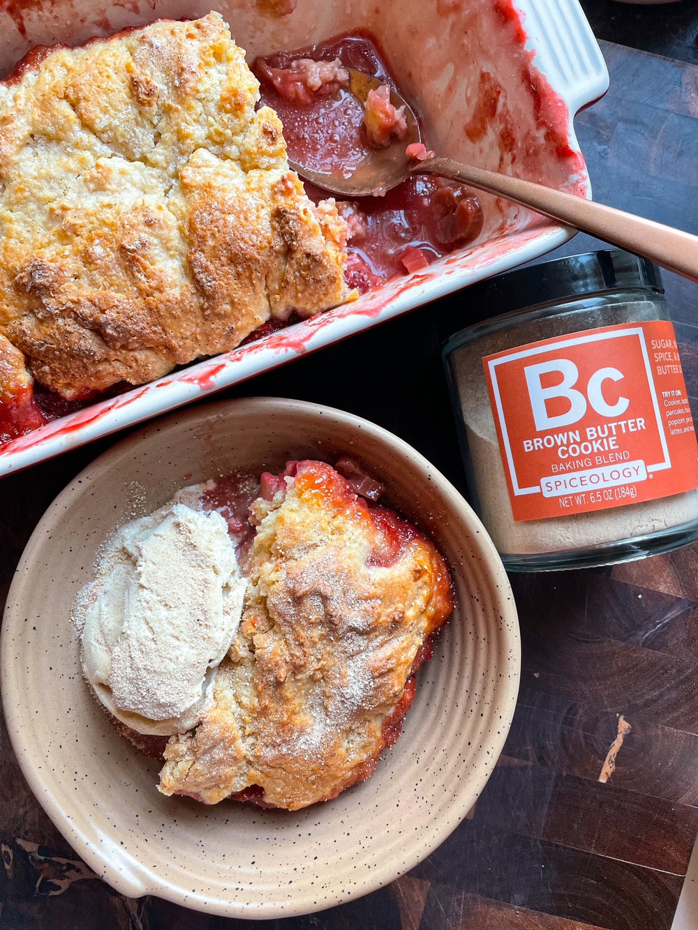 Brown Butter Cookie Strawberry Rhubarb Cobbler