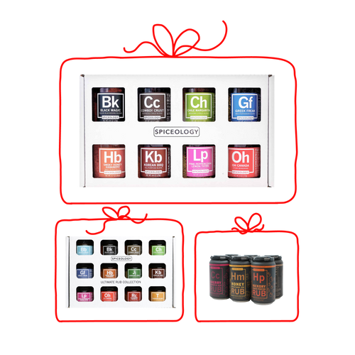 Spiceology gift set graphic showing multiple gifting options including a 12-jar grid and 8-jar set adorned with red ribbon bows