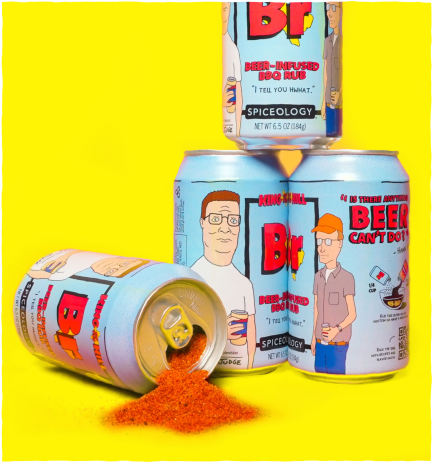 Spiceology King of the Hill branded promotional graphic with product cans on a yellow background