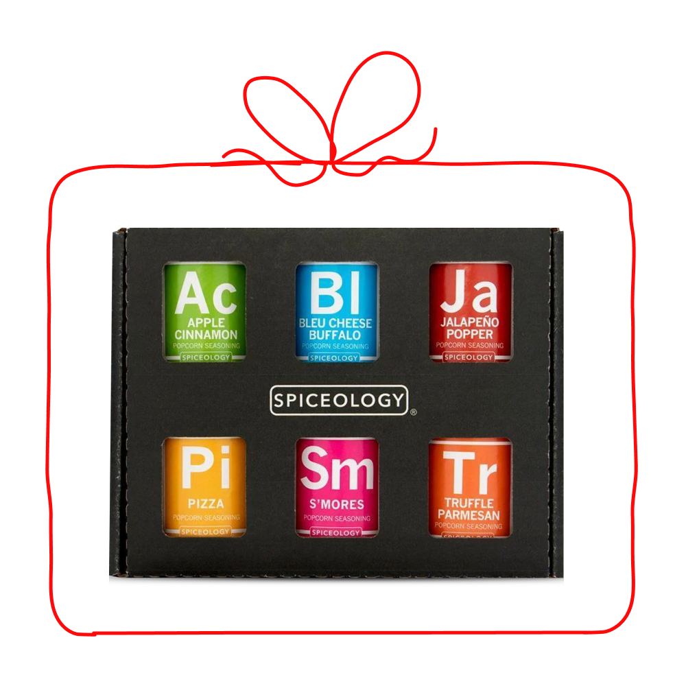 Spiceology gift set graphic featuring six mini spice jars with a red ribbon bow