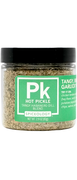 Jar of Spiceology Hot Pickle Tangy Habanero Dill Blend with 'PK' label on a white background
