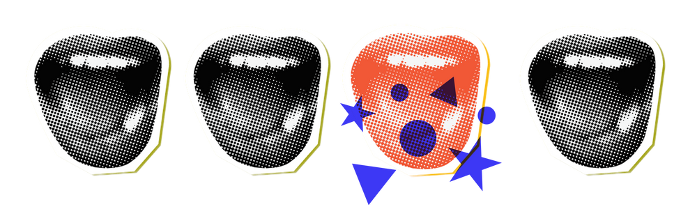 Pop-art style graphic with speech bubble and heart shapes featuring colorful character elements