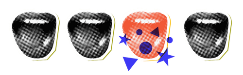 Pop-art style graphic with speech bubble and heart shapes featuring colorful character elements