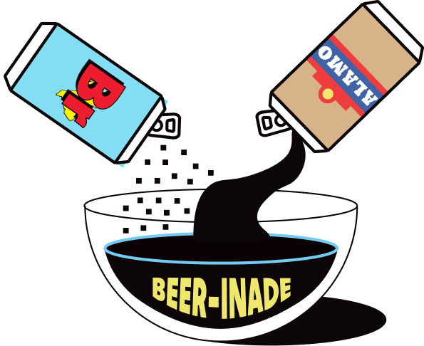 Playful illustration of a beer cans being poured into a bowl labeled Beer-Inade