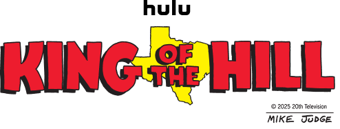 King of the Hill logo in bold red and yellow lettering on a black background with Mike Judge signature