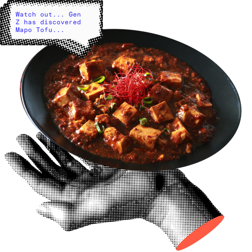 Pop-art style image of a dark bowl of braised stew held by a halftone-print gloved hand on a black background