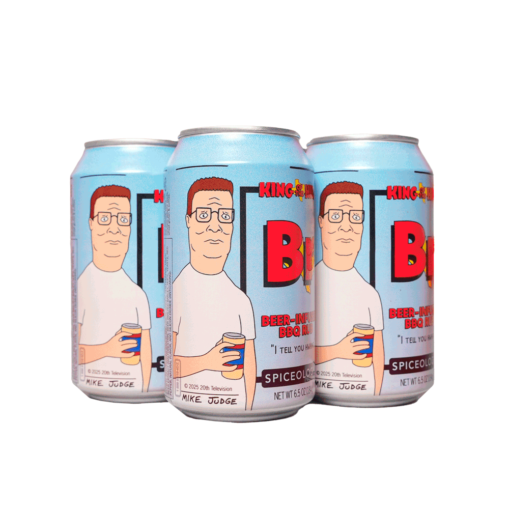 Three Spiceology King of the Hill branded beer cans displayed together on a white background