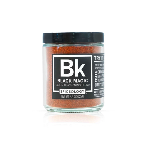 Jar of Spiceology black magic cajun blackening seasoning on a white background