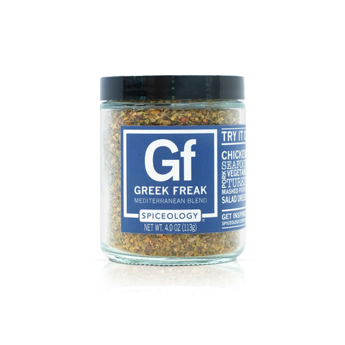 Jar of Spiceology greek freak mediterranean seasoning on a white background