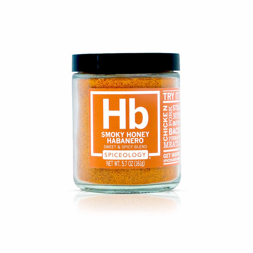Jar of Spicelogy Smoky Honey Habanero spice blend on a white background