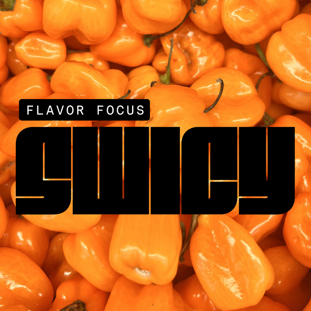 Flavor Focus Swicy bold text overlaid on a background of orange habanero peppers in a square format