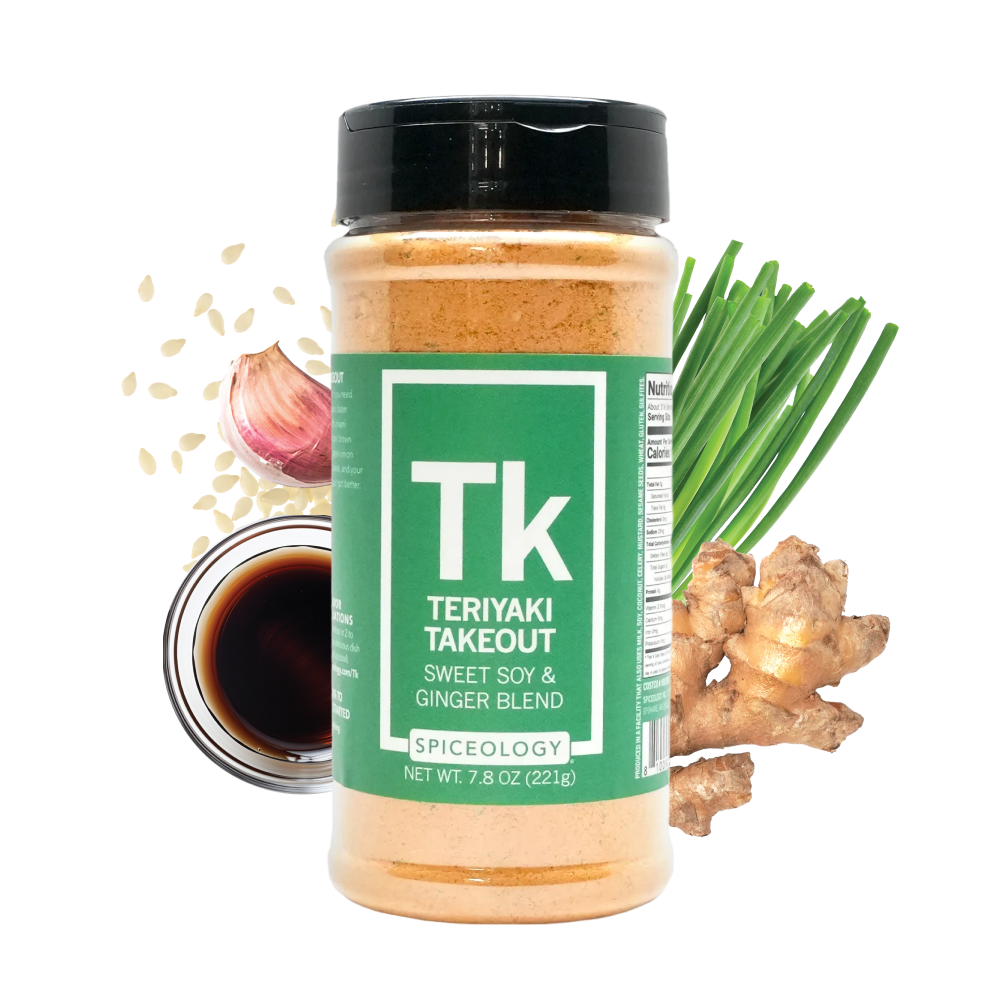 Spiceology Teriyaki Takeout Sweet Soy & Ginger Blend spice jar surrounded by fresh ginger root, sesame seeds, scallions, garlic, and a dish of dark soy sauce