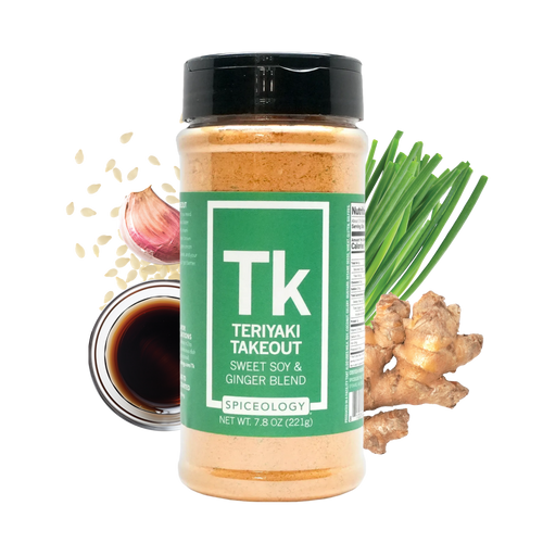 Spiceology Teriyaki Takeout Sweet Soy & Ginger Blend spice jar surrounded by fresh ginger root, sesame seeds, scallions, garlic, and a dish of dark soy sauce