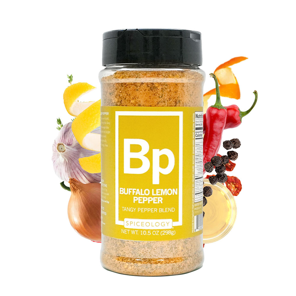 A bottle of Bp Buffalo Lemon Pepper spicy pepper blend seasoning, surrounded by illustrative food ingredients like lemons, red chili peppers, garlic, onion, and peppercorns on a solid white background.