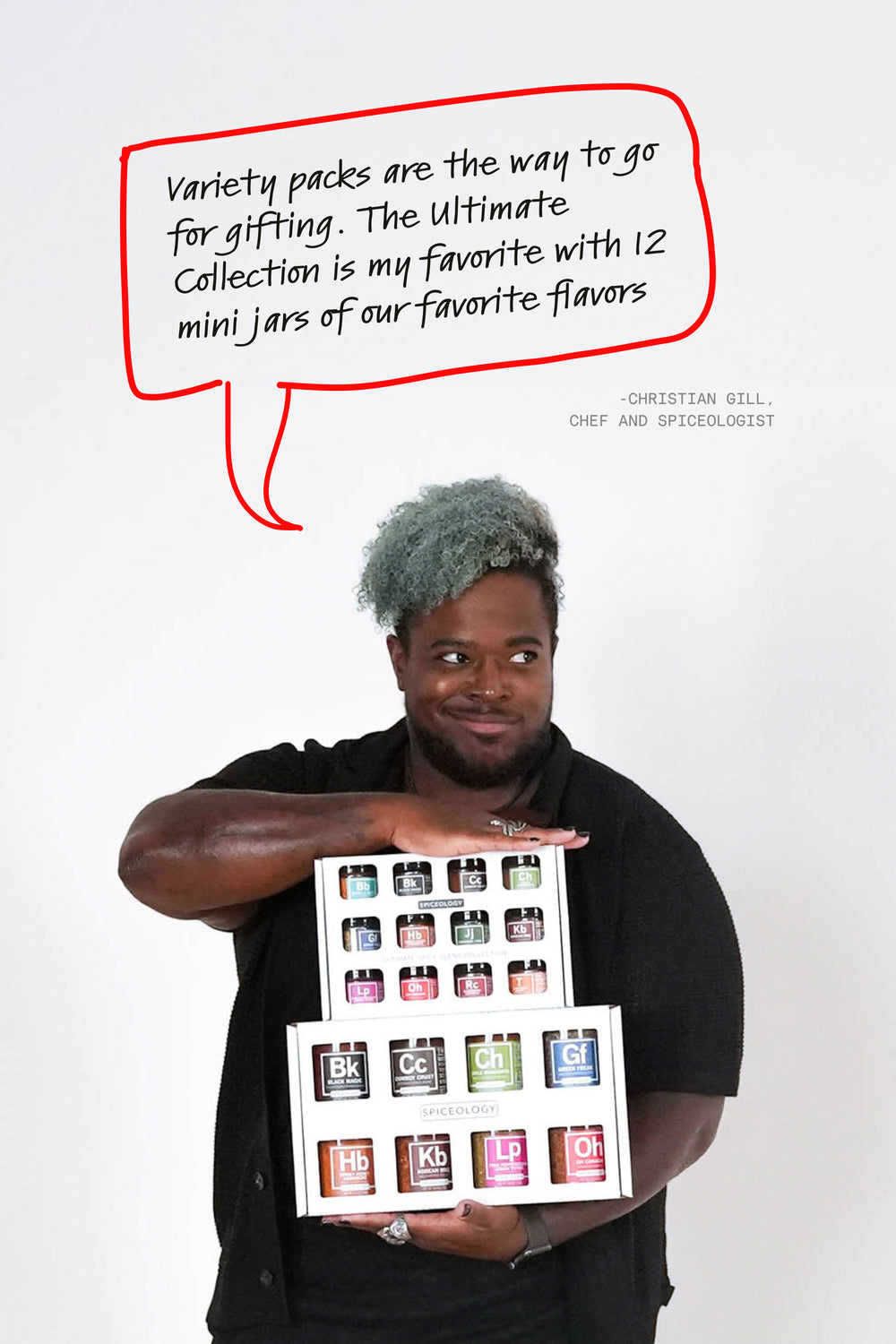 A person with curly gray hair smiles and points at a box containing 12 small spice jars. A quote above reads, Variety packs are the way to go for gifting. The Ultimate Collection is my favorite with 12 mini jars of our favorite flavors.